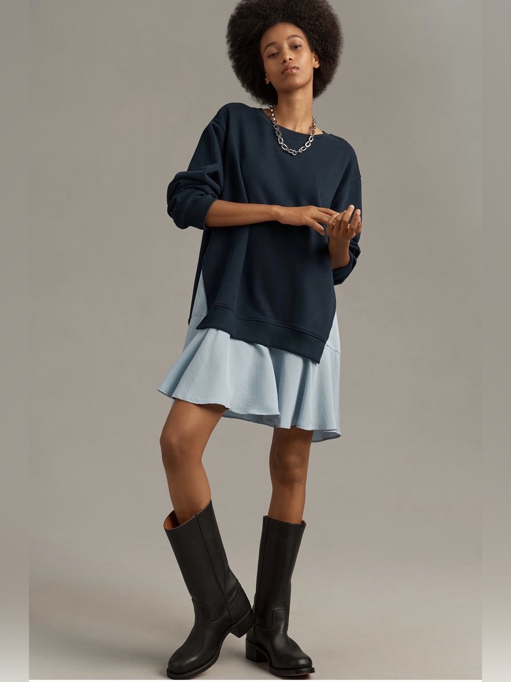 ANTHROPOLOGIE Maeve Long Sleeve Twofer Mini Dress in Navy size M